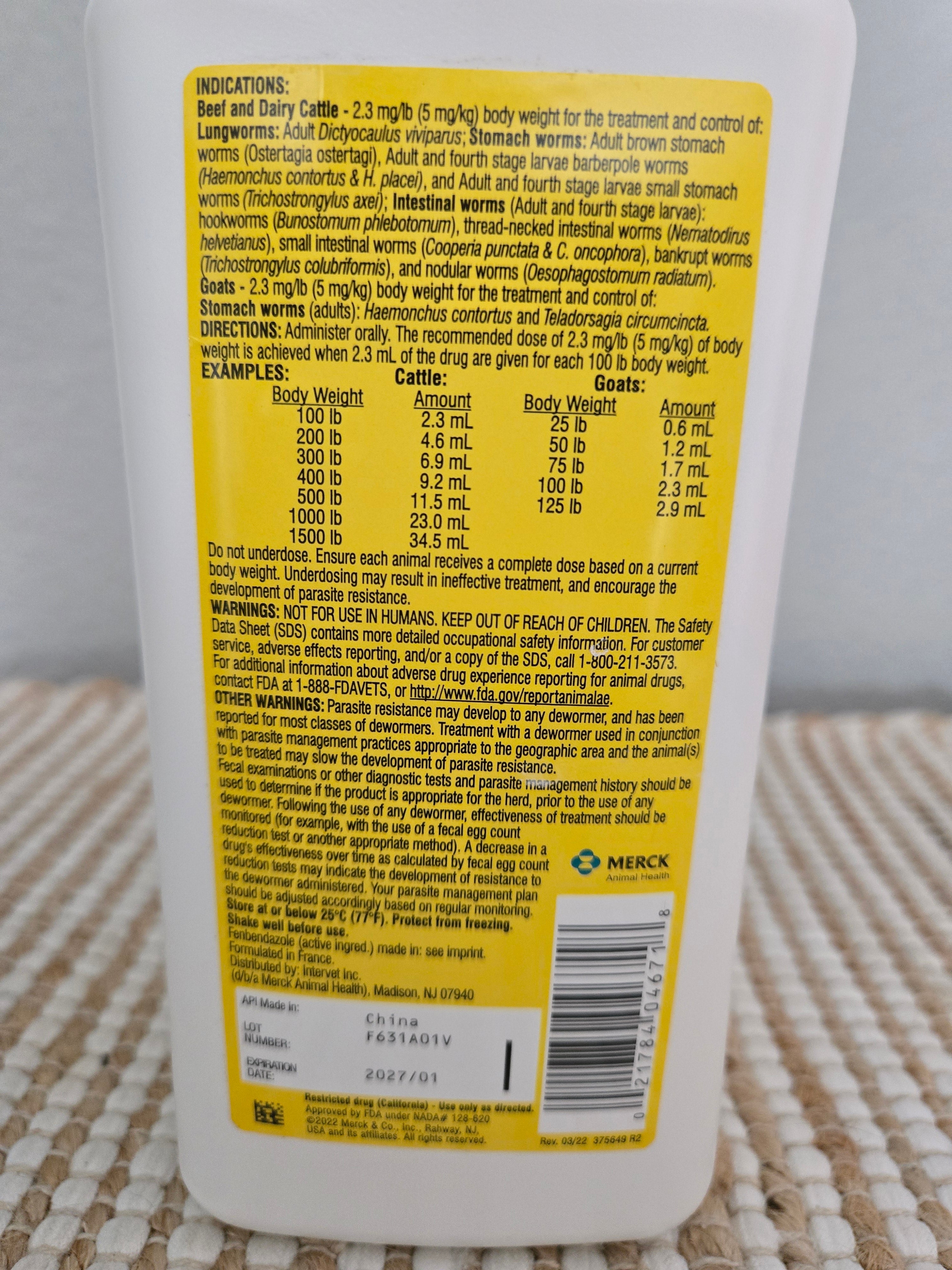 Safe-Guard (Fenbendazole) 10% Suspension - Desparasitante para Ganado y Cabras. Size 1000ml (33.8 fl oz/2.5 lbs)
